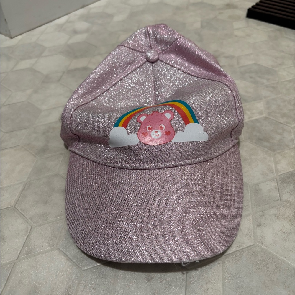 Pink Glitter Cap with Bear and Rainbow